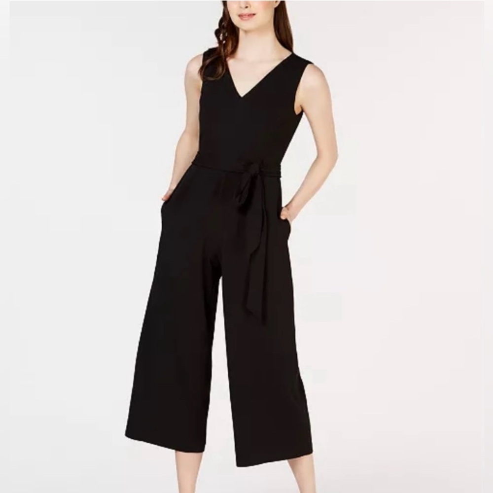 NWT Calvin Klein Size 14 Black Sleeveless Belted Crop Wide Leg Jumpsuit